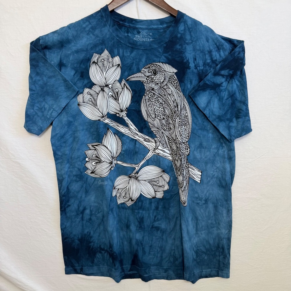 The Mountain Shirt Mns XL Blue Tie Dye Kingfisher Bird Flower Graphic T-Shirt
